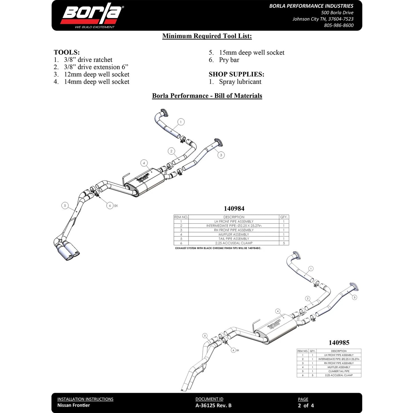 Borla 2.25" S-Type Catback Exhaust | Nissan Frontier 3.8L V6 22-24 Rock Crawler Design (140985)