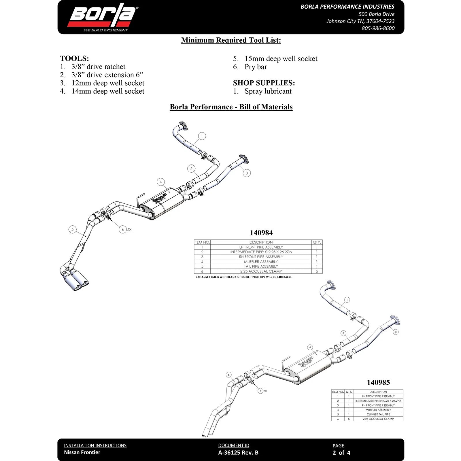 Borla 2.25" S-Type Catback Exhaust | Nissan Frontier 3.8L V6 22-24 Rock Crawler Design (140985)