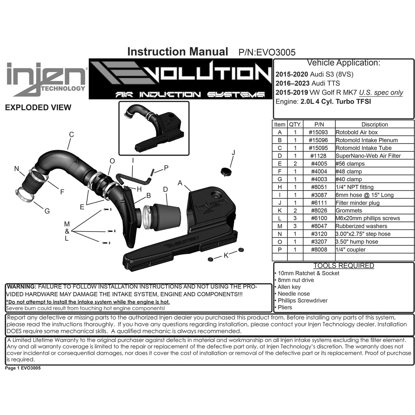 Injen Evolution Cold Air Intake | Volkswagen Golf R / Audi S3 / GTI / Audi TT (15-20/23/26) (EVO3005)