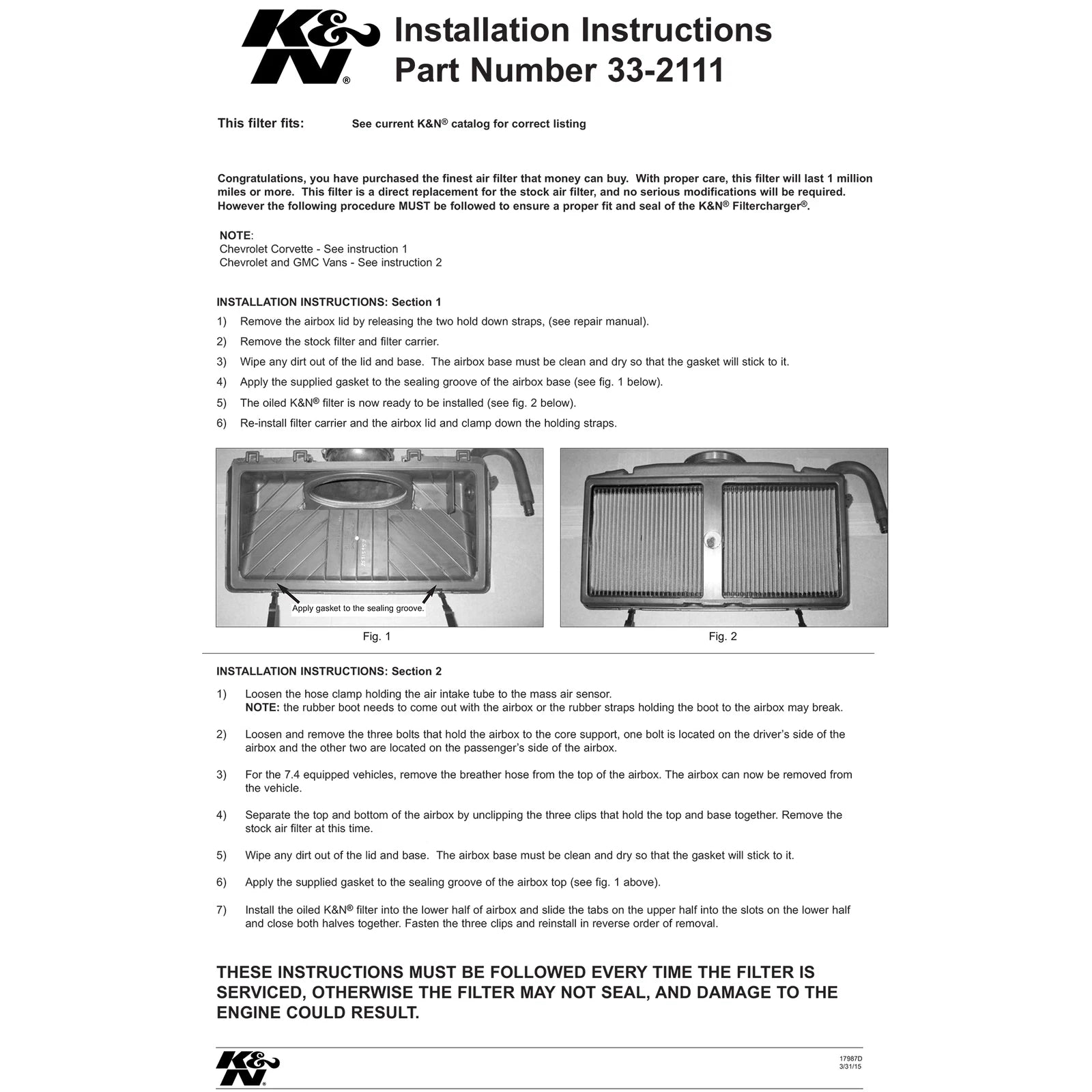 K&N 33-2111 Performance Air Filter for 97-02 GMC Savana 6.5 / 97-04 Corvette 5.7
