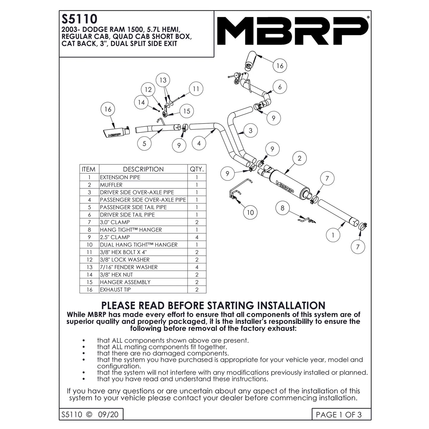 MBRP 3in Cat-Back D&S Exhaust w/ 2.5in Dual Side Exit | Dodge Ram 1500 Hemi 5.7L (03) (S5110AL)