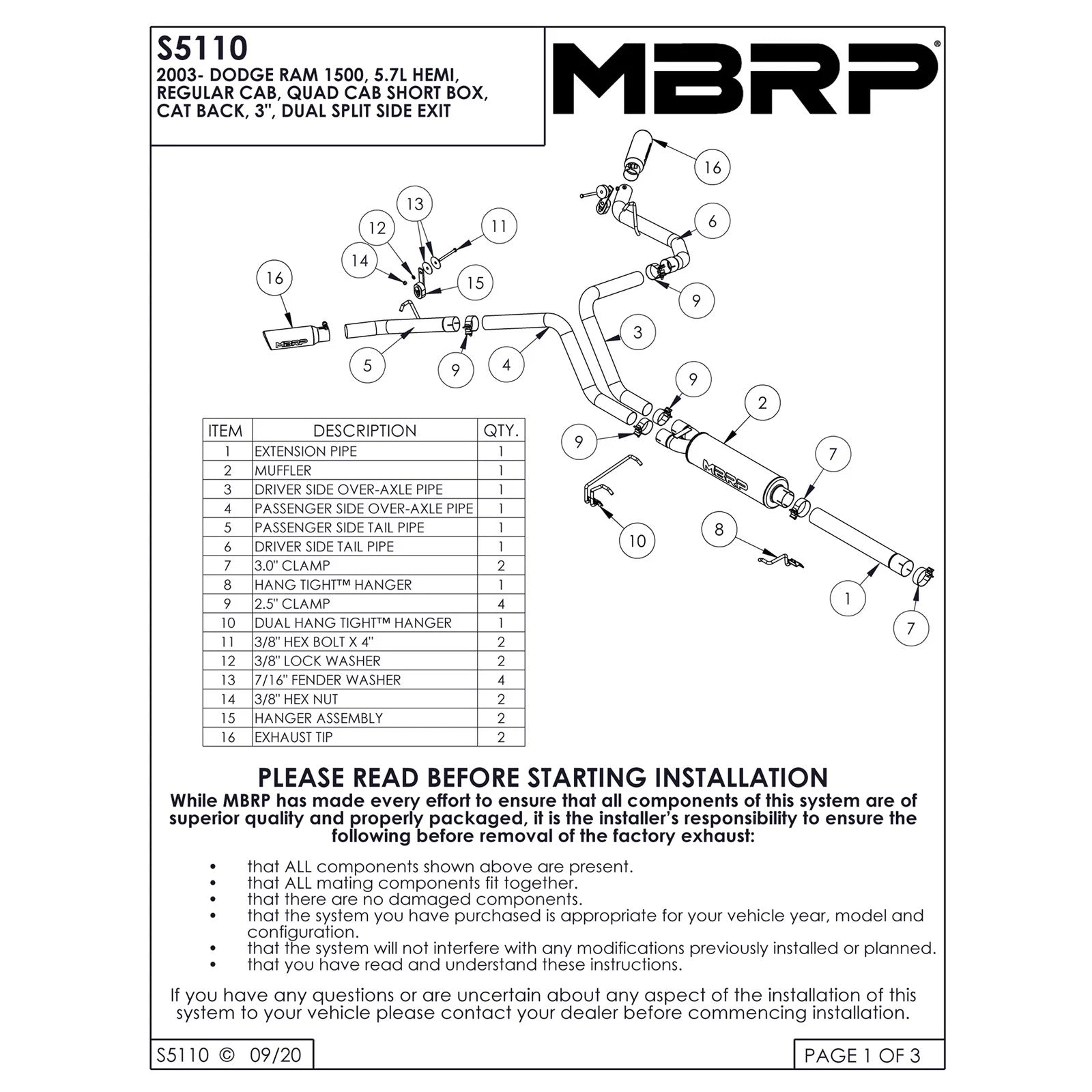 MBRP 3in Cat-Back D&S Exhaust w/ 2.5in Dual Side Exit | Dodge Ram 1500 Hemi 5.7L (03) (S5110AL)