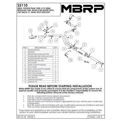 MBRP 3in Cat-Back D&S Exhaust w/ 2.5in Dual Side Exit | Dodge Ram 1500 Hemi 5.7L (03) (S5110AL)