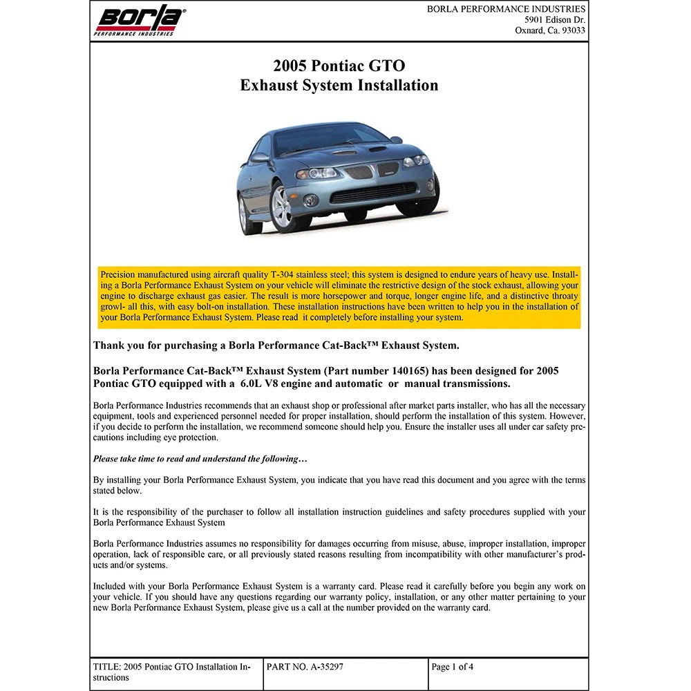 Borla Cat-Back Exhaust System - S-Type Classic | 2005-2006 Pontiac GTO 6.0L (140165)