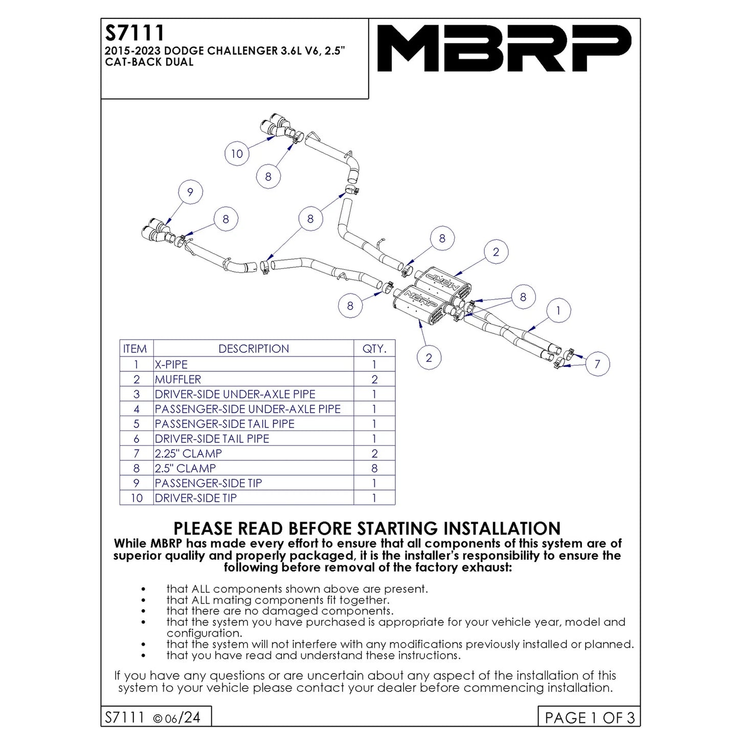 MBRP 2.5in Quad Split Rear Exit Cat-Back | Dodge Challenger 15-23 (S71113CF)