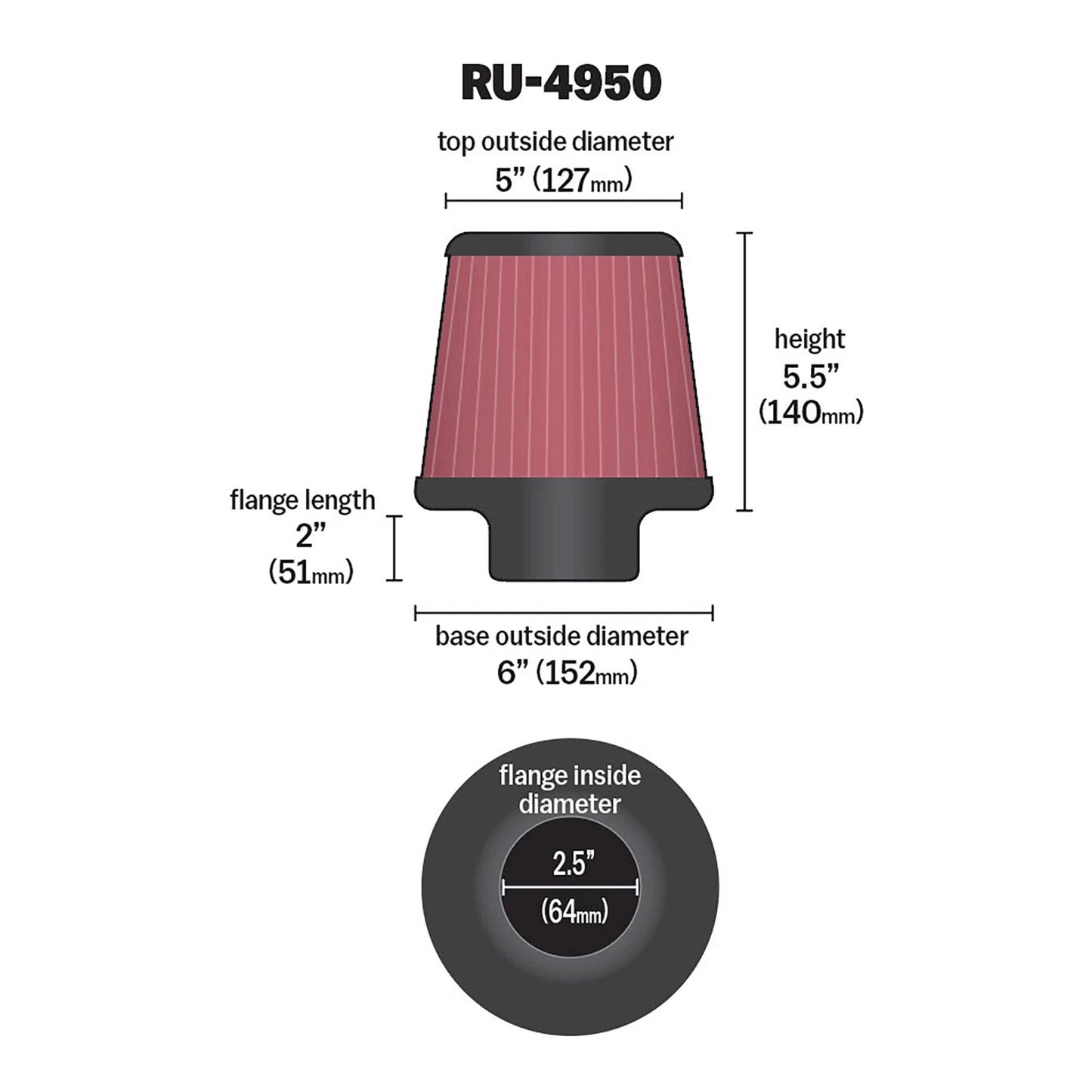 K&N RU-4950 Universal Round Tapered Performance Washable Air Filter for Intake