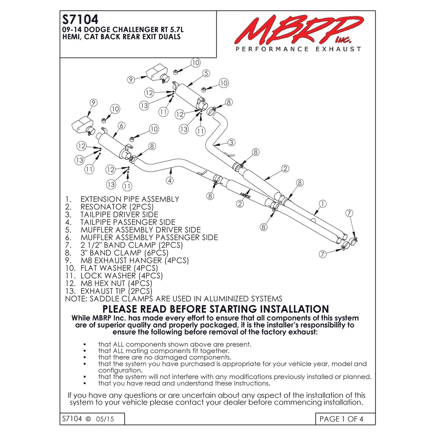 MBRP 3in. Cat-Back Dual Split Rear Exit Exhaust | Dodge Challenger RT 5.7L Hemi (09) (S7104409)