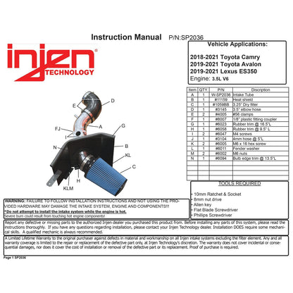Injen Short Ram Air Intake | Toyota Camry / Avalon (11-23) (SP2036P)