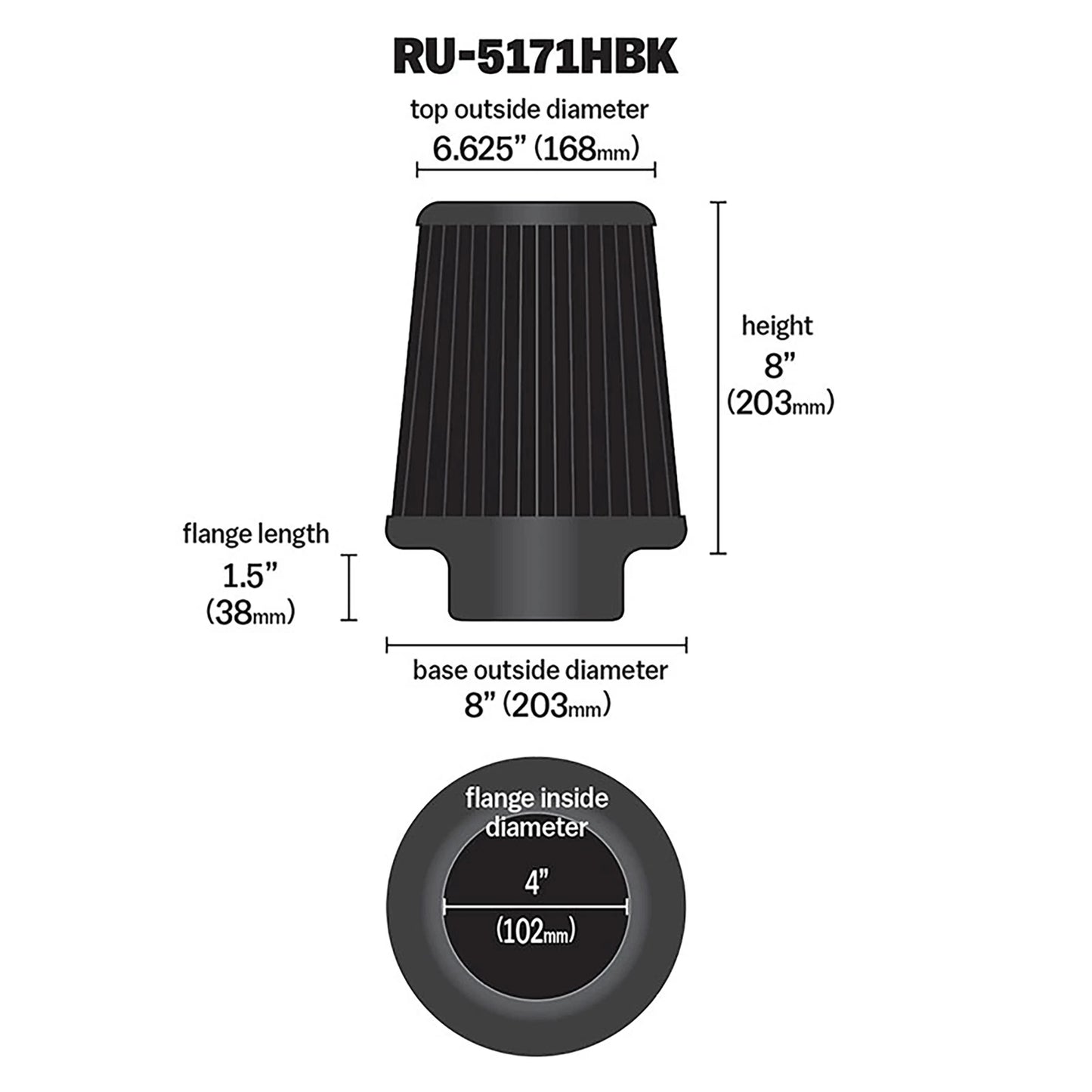 K&N RU-5171HBK Universal Round Tapered High Flow Washable Air Filter for Intake