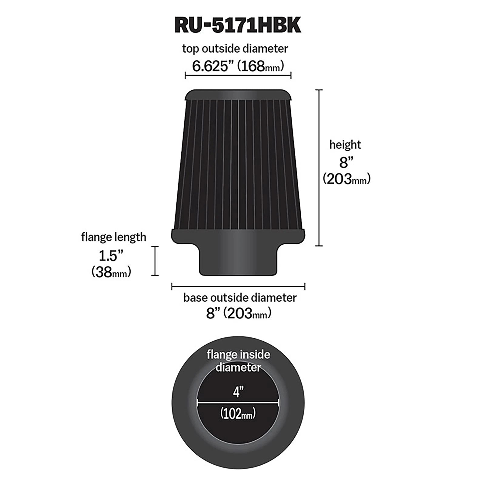 K&N RU-5171HBK Universal Round Tapered High Flow Washable Air Filter for Intake