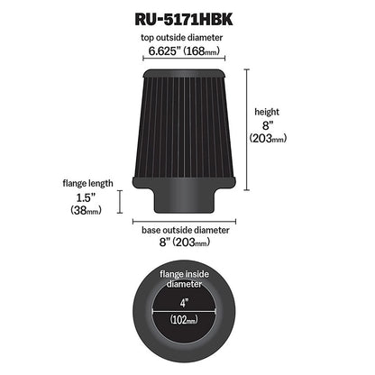 K&N RU-5171HBK Universal Round Tapered High Flow Washable Air Filter for Intake