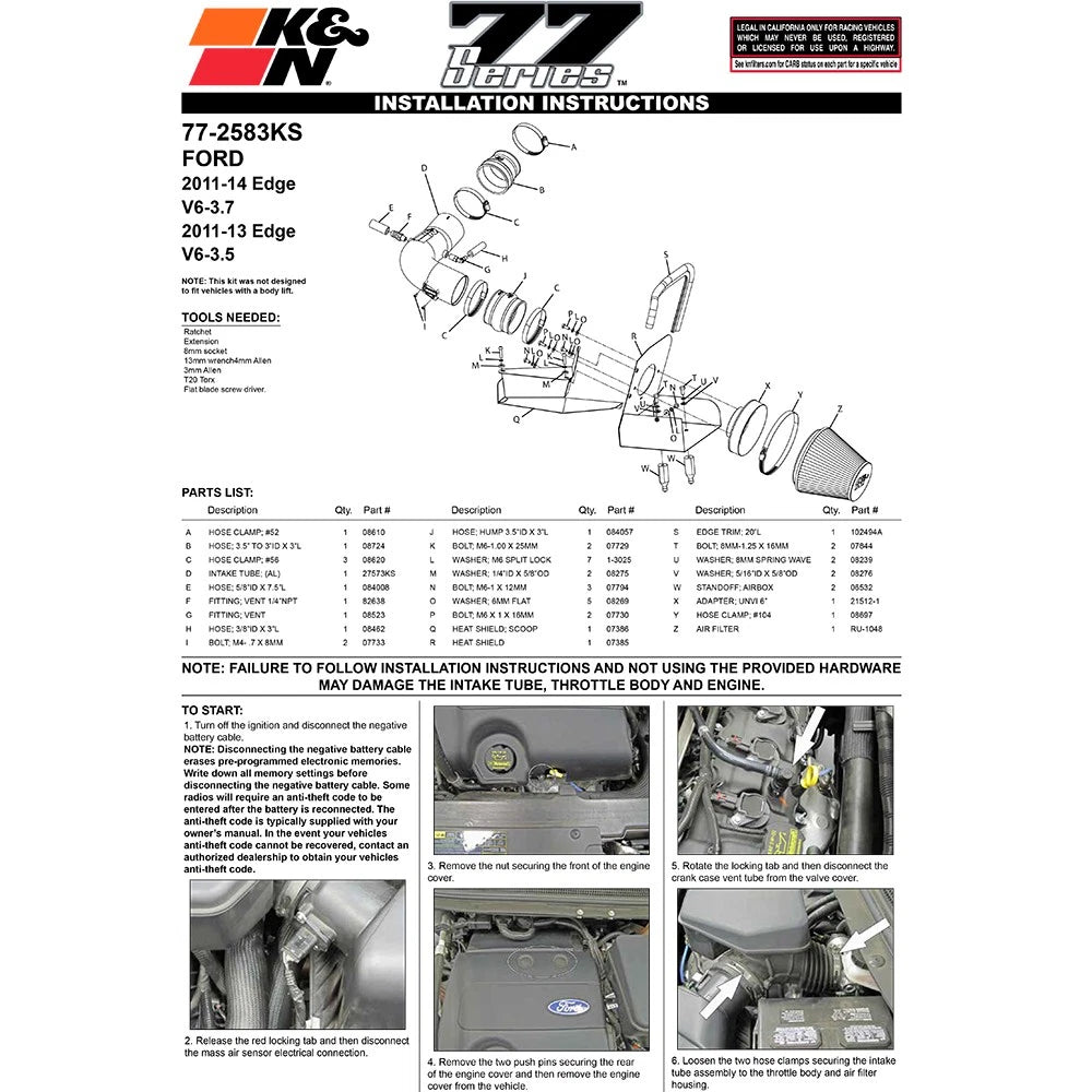 K&N Engineering High Flow Performance Kit: Ford Edge 2011 - 2013 3.5L / 3.7L V6 Silver