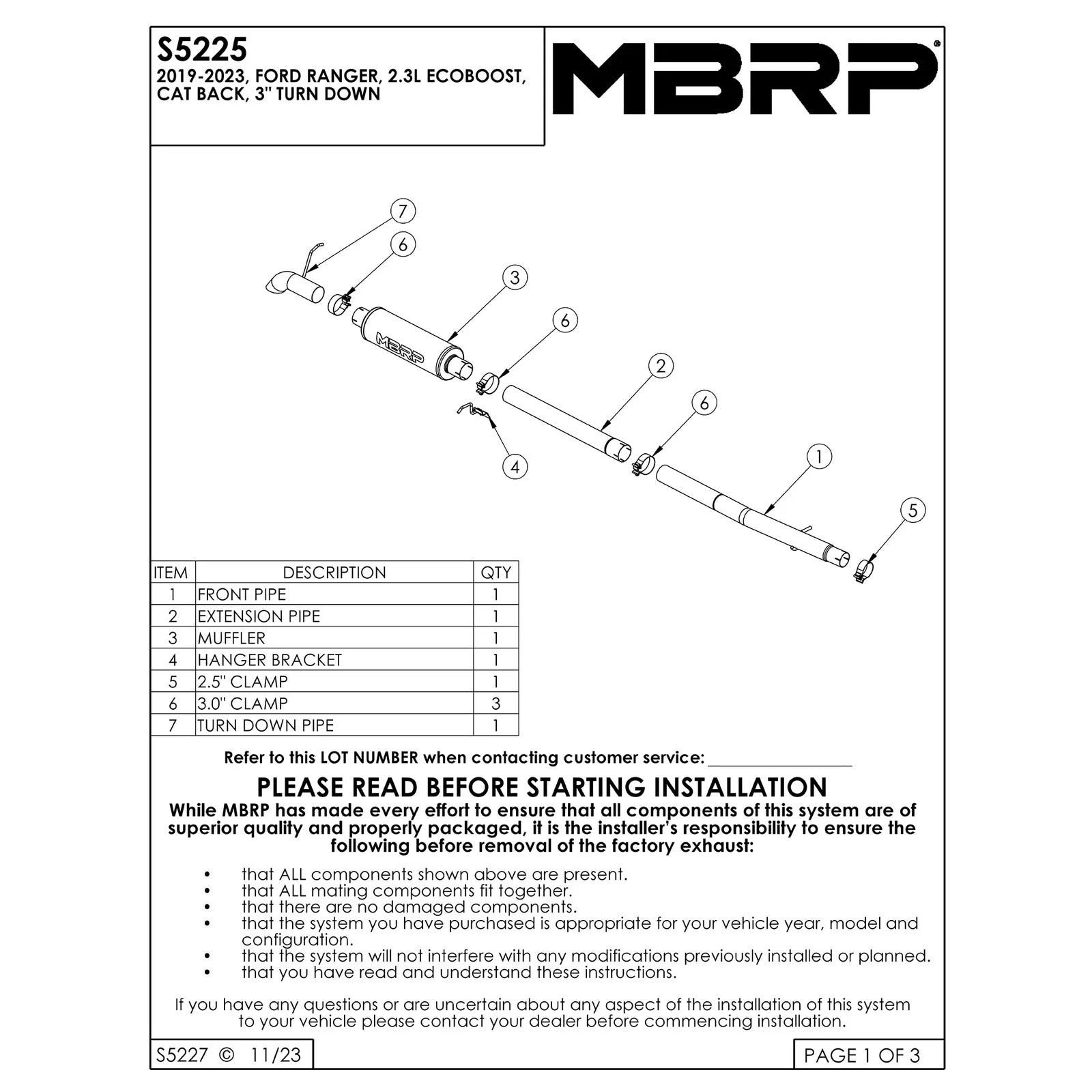 MBRP 3in AL Turn Down Armor Lite Cat Back Exhaust System | Ford Ranger Ecoboost 2.3L 2019 (S5225AL)