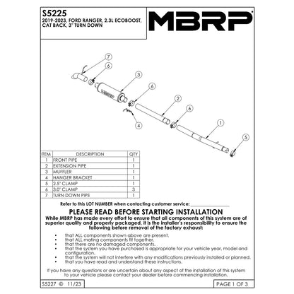 MBRP 3in AL Turn Down Armor Lite Cat Back Exhaust System | Ford Ranger Ecoboost 2.3L 2019 (S5225AL)