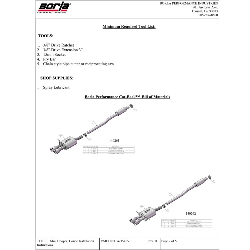 Borla Catback Exhaust S-Type | 2007-2014 Mini Cooper S (140517)