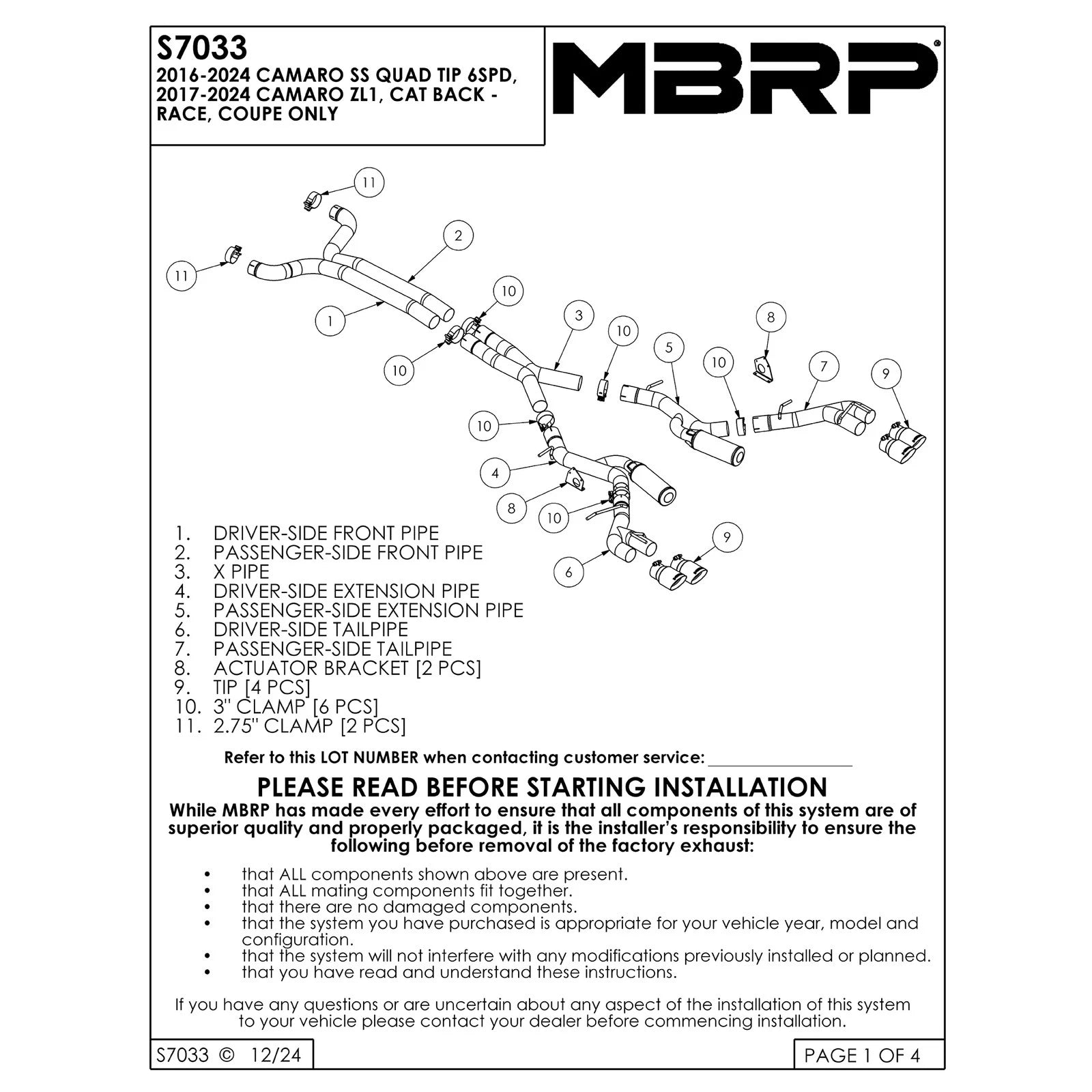 MBRP 3in T409 Race D&S Cat-Back Exhaust w/ 4.5in Quad Tips | Camaro V8 (16+) (S7033409)
