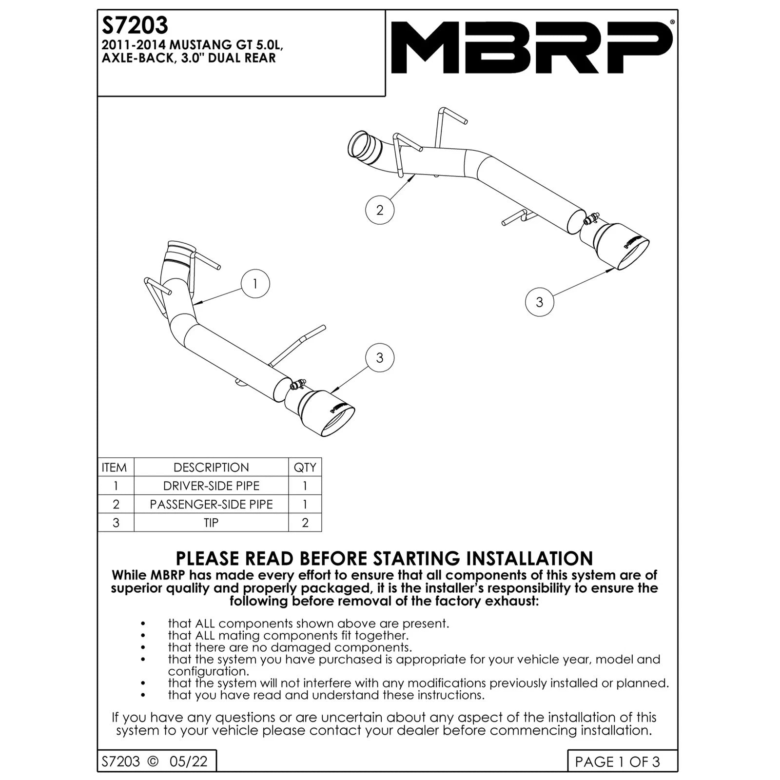 MBRP T304 SS 3in D&S Axle-Back w/ CF Tips | Ford Mustang GT 11-14 (S72033CF)