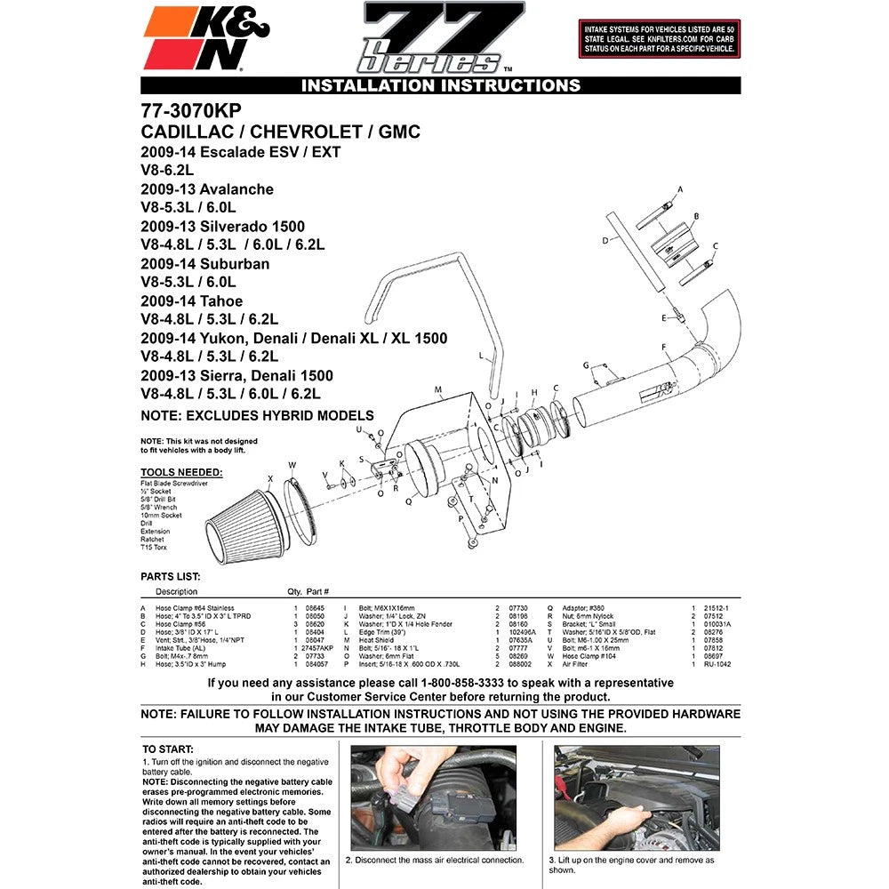 K&N High Flow Performance Kit | Chevrolet Yukon/Sierra/Tahoe/ Silverado/Escalade (09-10) (77-3070KP)