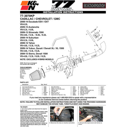 K&N High Flow Performance Kit | Chevrolet Yukon/Sierra/Tahoe/ Silverado/Escalade (09-10) (77-3070KP)
