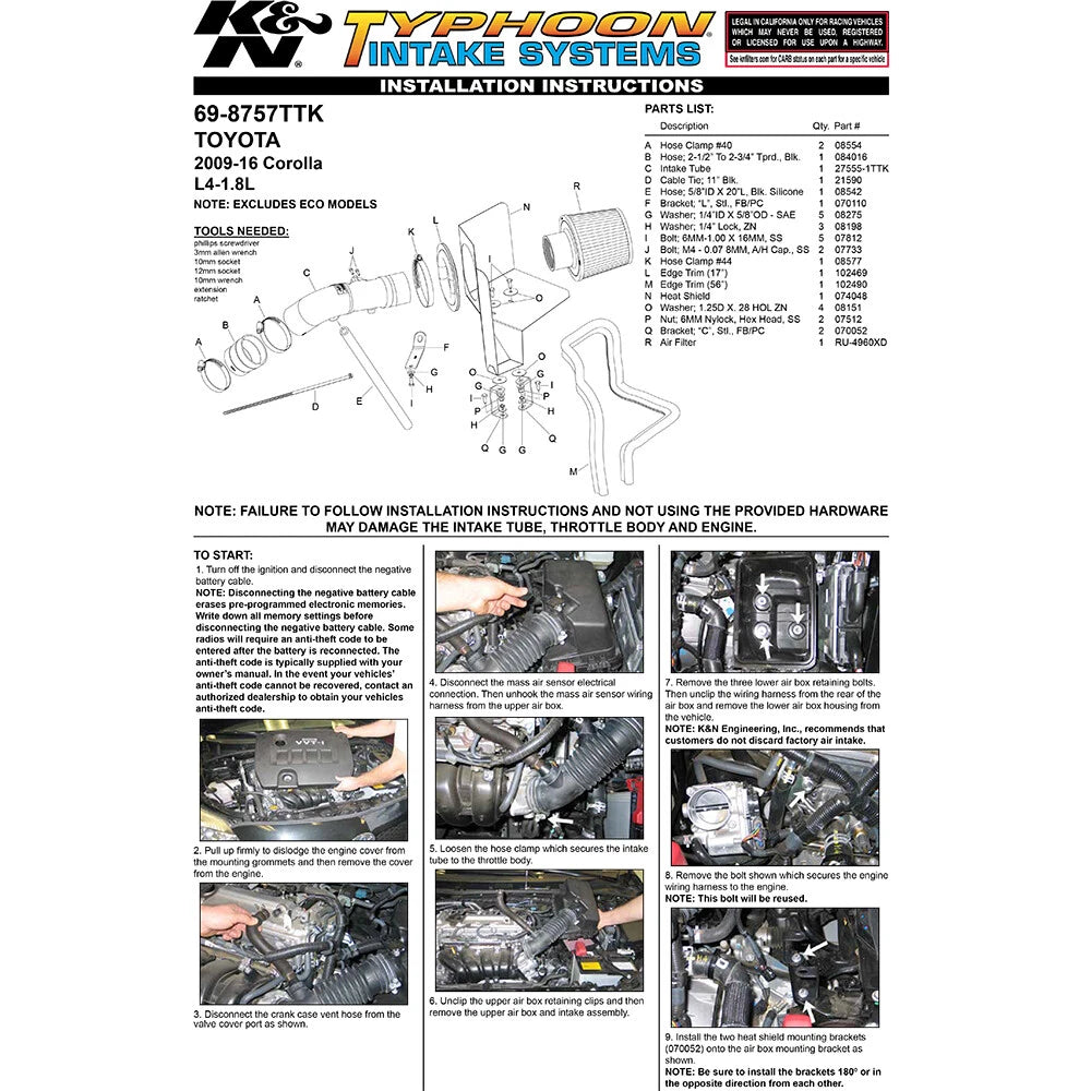 K&N 09 Toyota Corolla L4-1.8L Typhoon Short Ram Intake | Toyota Corolla (09) (69-8757TTK)