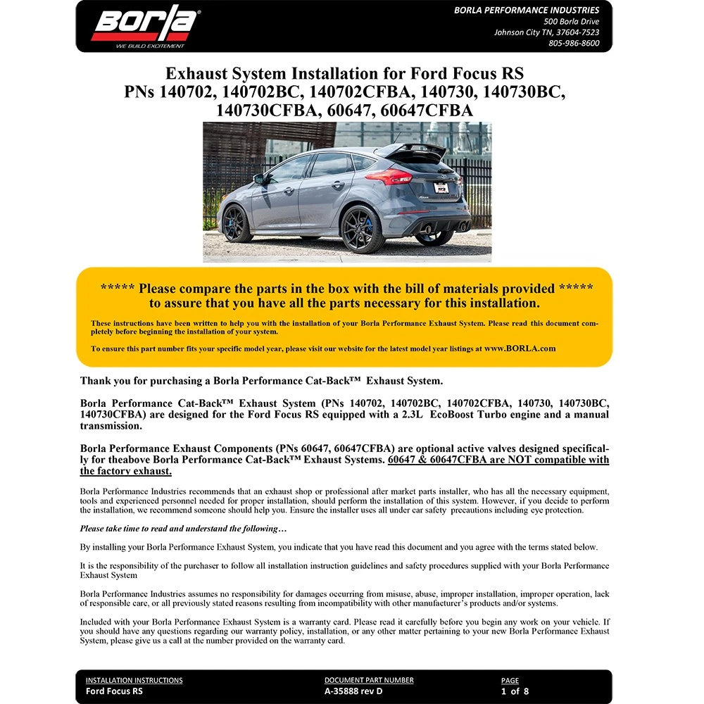 Borla ATAK Catback Exhaust | Ford Focus RS (16-18) 2.3L MT AWD w/ Black Chrome Tip (140730BC)
