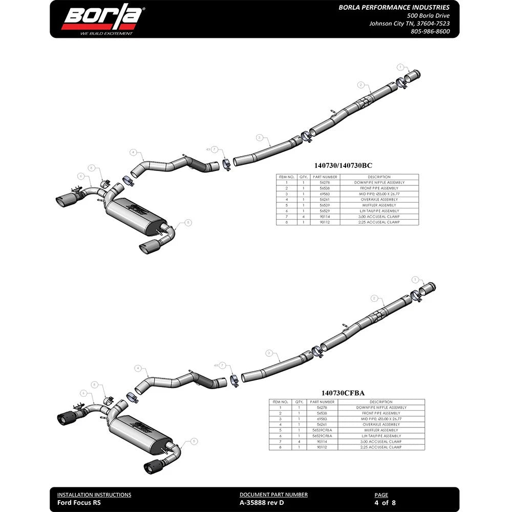 Borla ATAK Catback Exhaust | Ford Focus RS (16-18) 2.3L MT AWD w/ Black Chrome Tip (140730BC)