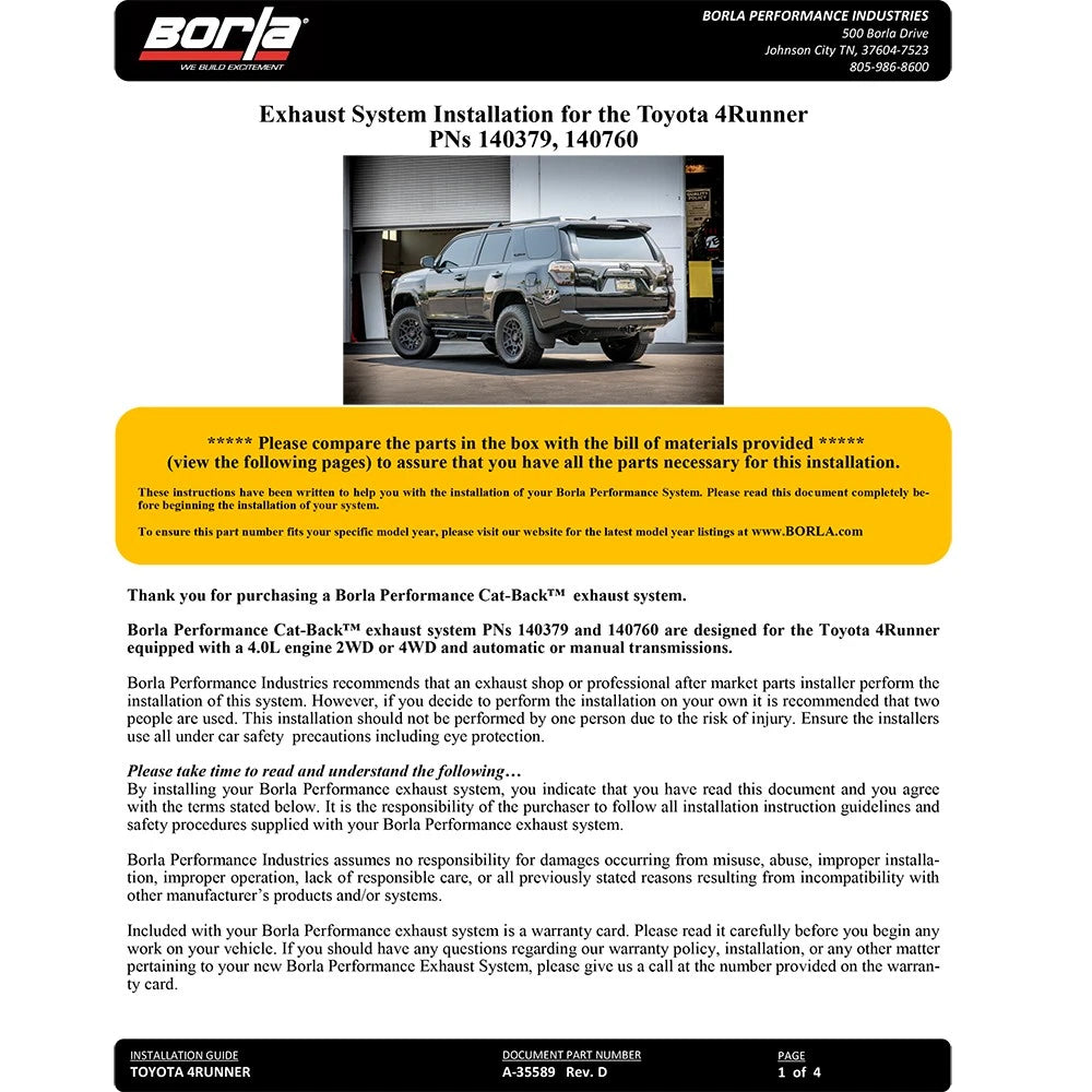 Borla Cat-Back Exhaust System - Touring | 2010-2021 Toyota 4Runner 4.0L (140379)