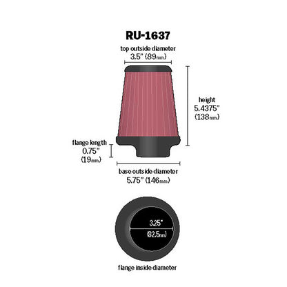 K&N RU-1637 Universal Round Tapered Performance Washable Air Filter for Intake