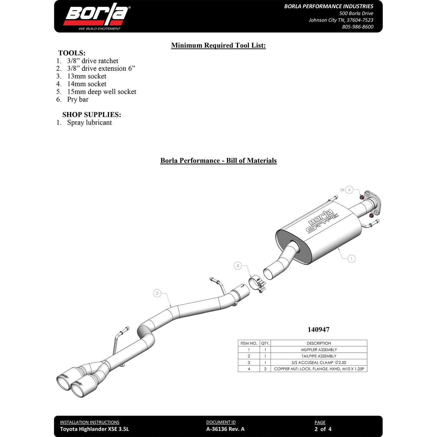 Borla 140947 S-Type Stainless Cat Back Exhaust for 21-22 Highlander XSE 3.5L V6