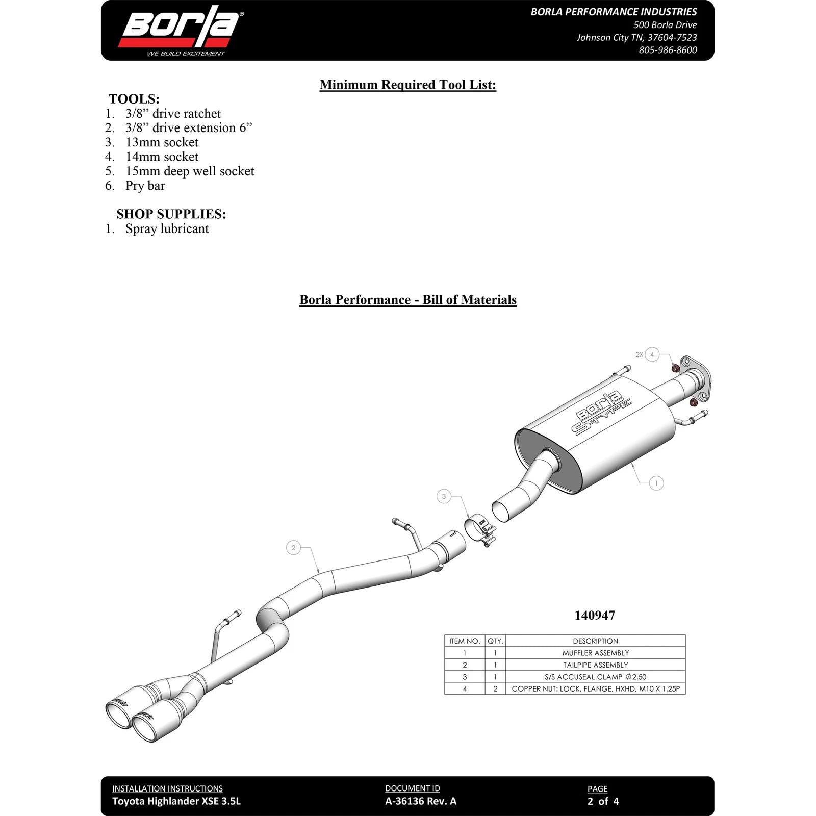 Borla 140947 S-Type Stainless Cat Back Exhaust for 21-22 Highlander XSE 3.5L V6
