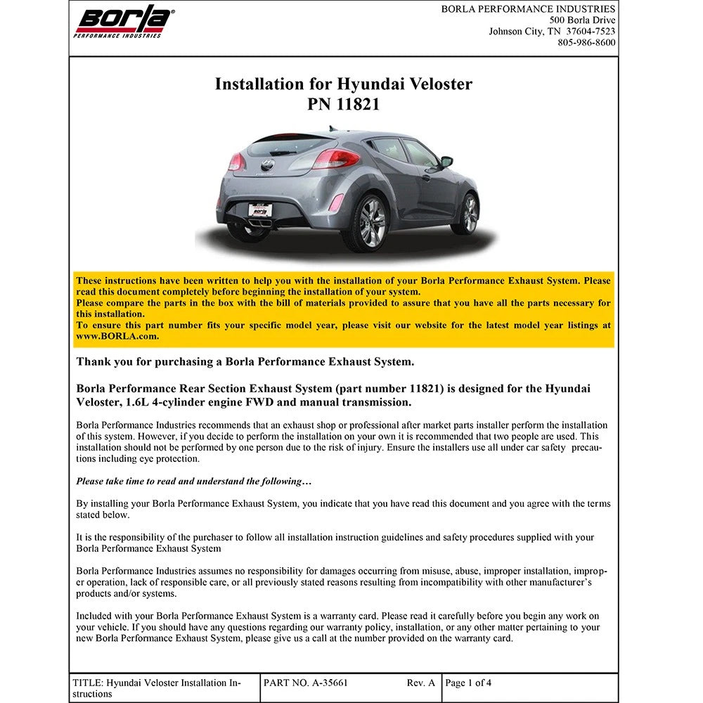 Borla Type-S Axle-Back Exhaust System | 2013-2017 Hyundai Veloster (11821)
