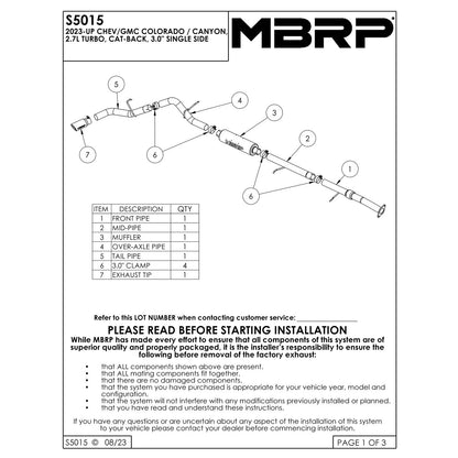MBRP 3in Aluminized Steel Black Cat-Back Single Side Exit Exhaust | Chevrolet Colorado / GMC Canyon (23) (S5015BLK)