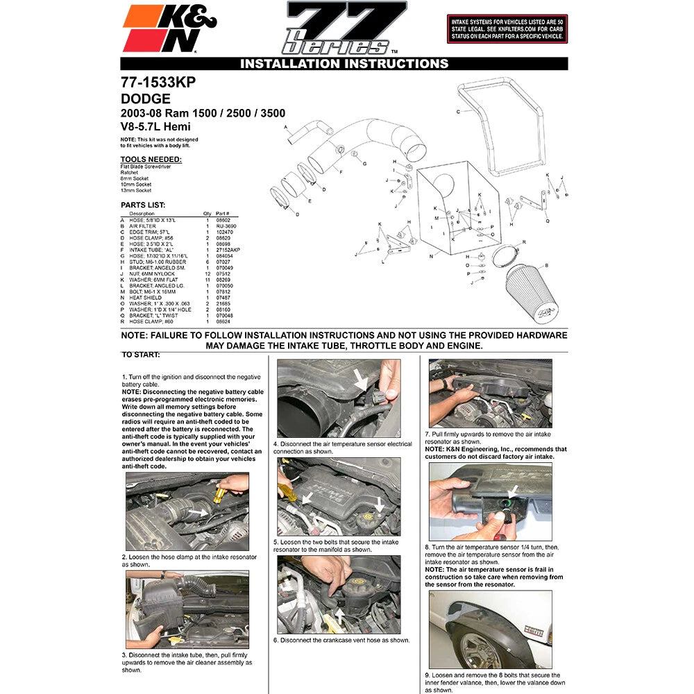 K&N High Flow Performance Kit | Dodge Ram V8-5.7L (03-08) (77-1533KP)