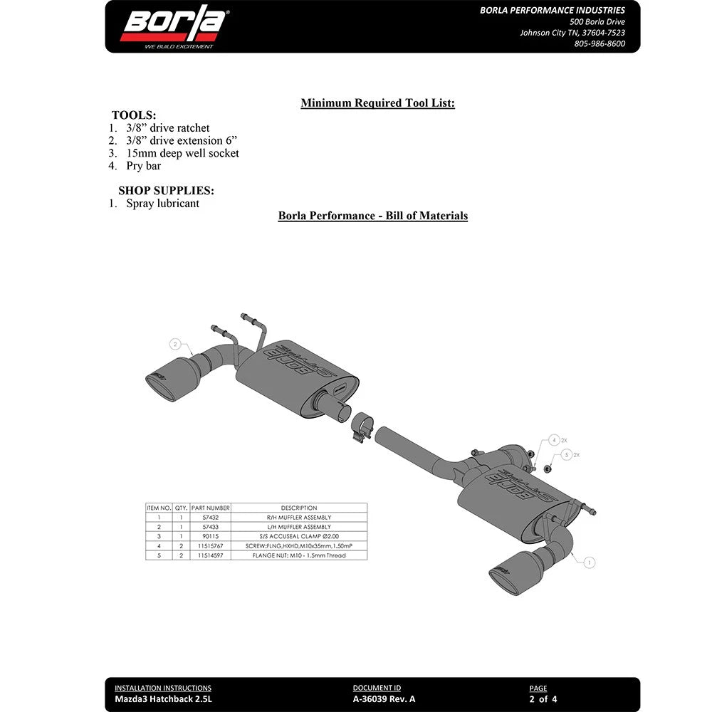 Borla 19-21 Mazda 3 2.0/2.5L S-Type Rear Axle-Back | Mazda 3 (19-26) / Tesla Model 3 (17-26) (11970)