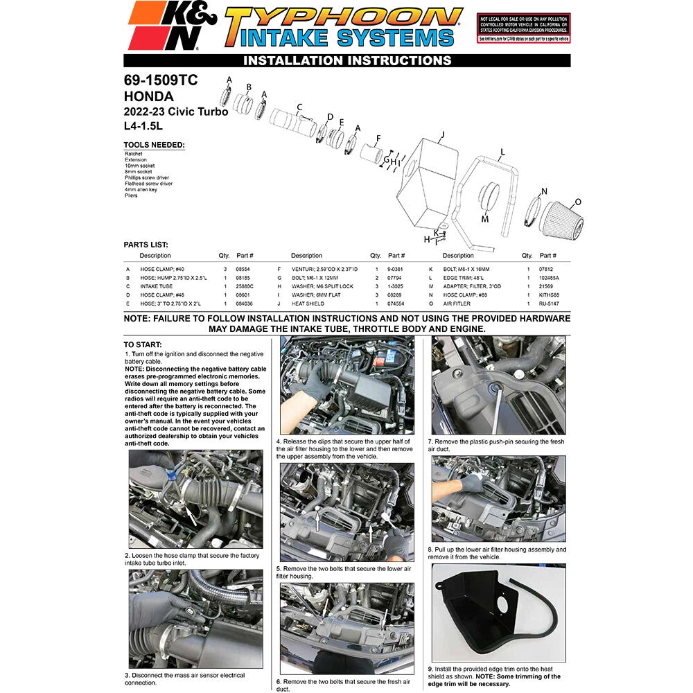 K&N Cold Air Intake | Honda Civic 1.5L Turbo (69-1509TC)