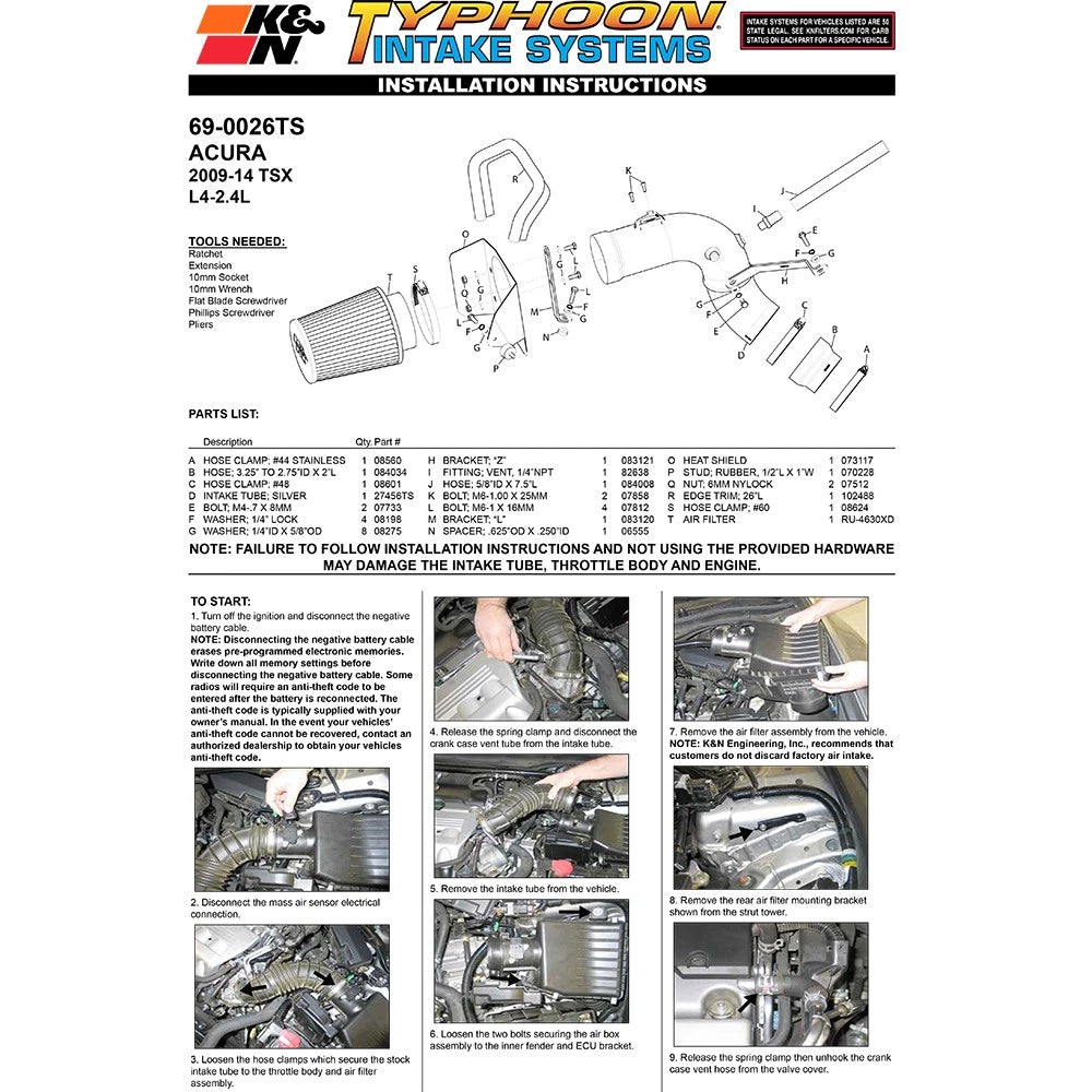 K&N Engineering Silver Typhoon Intake: Acura TSX 2009 2.4L