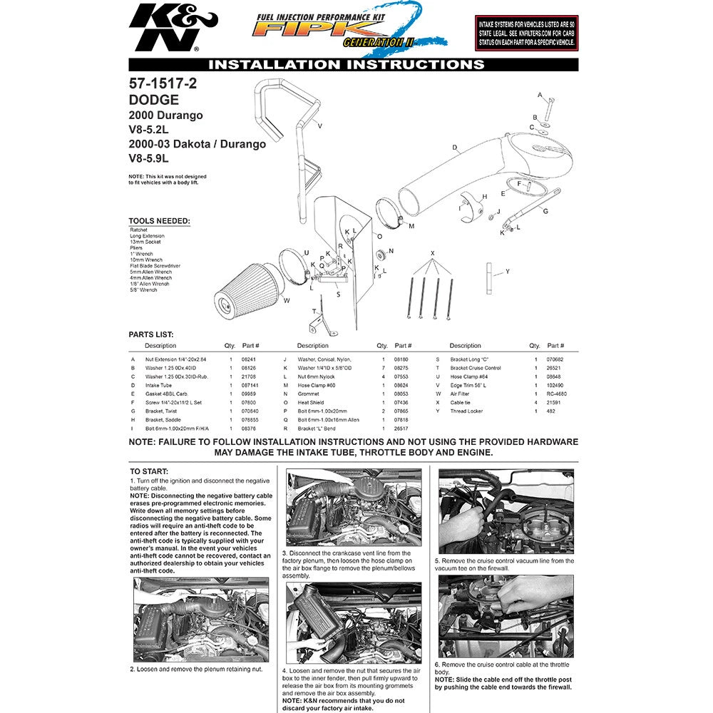 K&N 57-1517-2 Performance Cold Air Intake for 2000-2003 Dakota / Durango 5.9L V8
