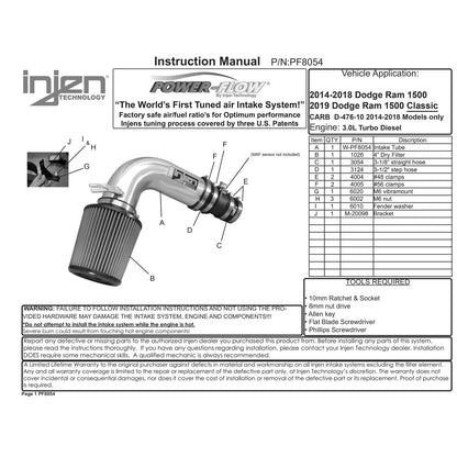 Injen PowerFlow Short Ram Intake | Dodge Ram 3.0L V6 (03-18) / Chevrolet Express 1500/2500 (03-26) / Silverado 2500 HD Classic (07-14) / Dodge 3500 (09-18) / Ram 1500 Classic (19-26) (PF8054WB)