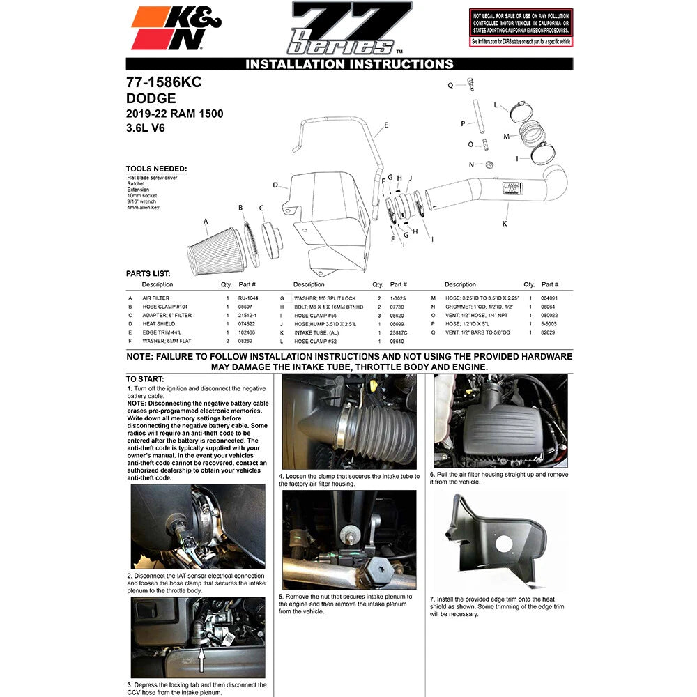 K&N Performance Air Intake Kit | Dodge Ram 1500 (19-21) 3.6L V6 F/I (77-1586KC)