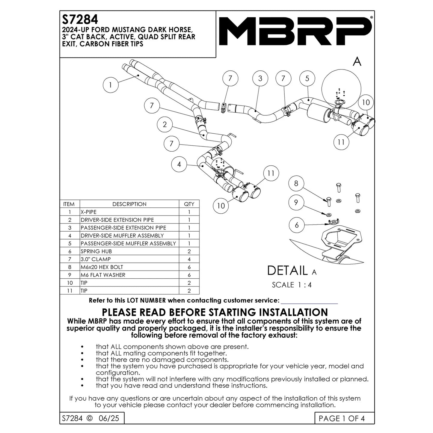 MBRP 2024 Ford Mustang Dark Horse 3in Dual Split Rear Exit Exhaust w/ Quad CF Tips | Ford Mustang (24+) (S72843CF)