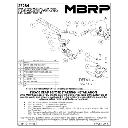 MBRP 2024 Ford Mustang Dark Horse 3in Dual Split Rear Exit Exhaust w/ Quad CF Tips | Ford Mustang (24+) (S72843CF)