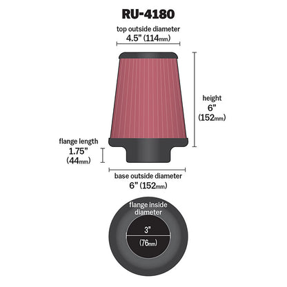 K&N RU-4180 Universal Round Tapered Performance Washable Air Filter for Intake