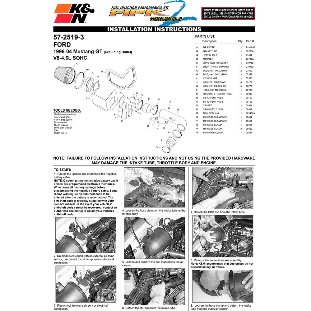 K&N Performance Intake Kit | 1996-2004 Ford Mustang GT (57-2519-3)