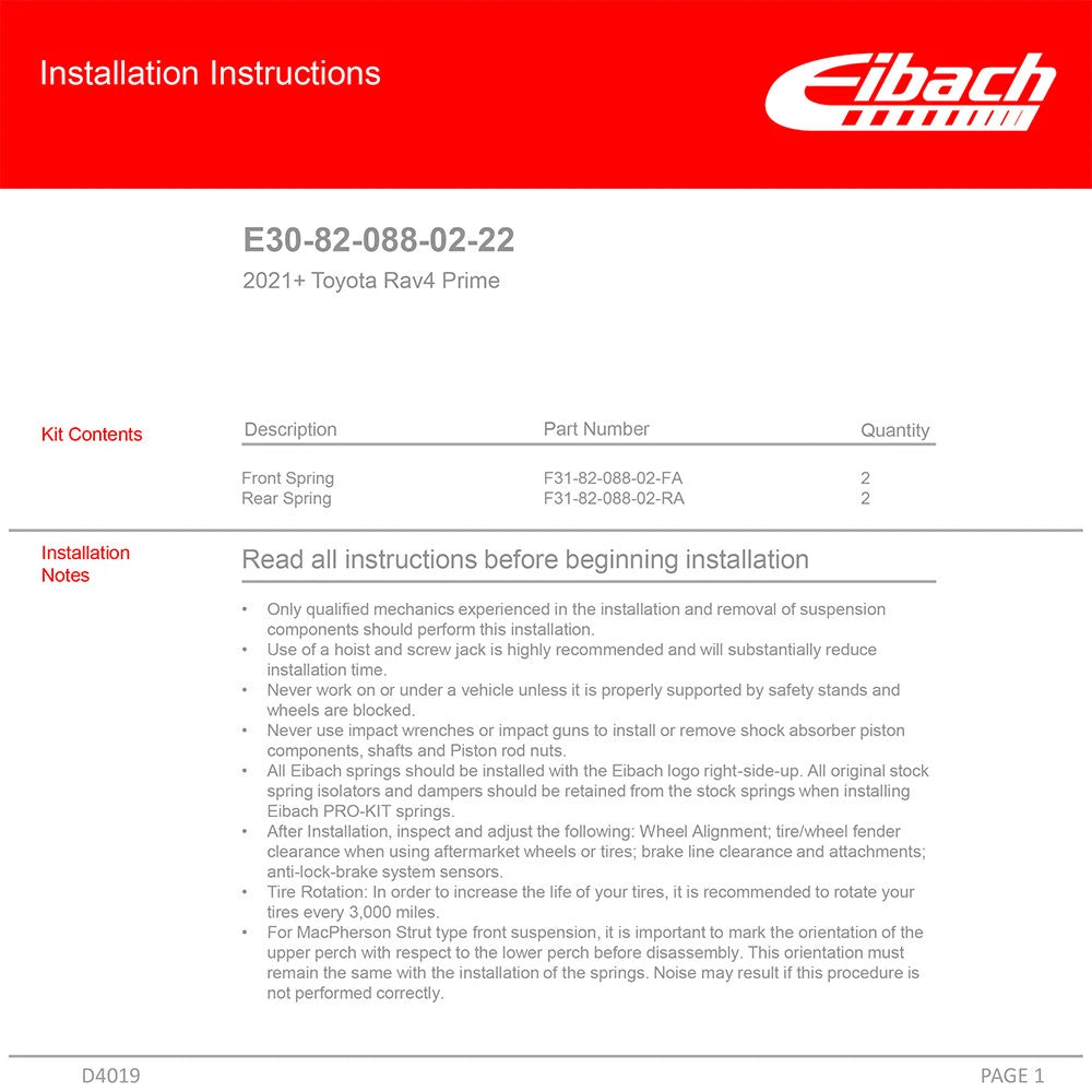 Eibach Pro-Lift Suspension Lift Kit for 2021-2022 Toyota RAV4 Prime