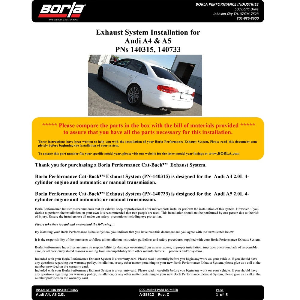 Borla Cat-Back Exhaust System - S-Type | 2010-2016 Audi A5 Quattro 2.0L (140733)