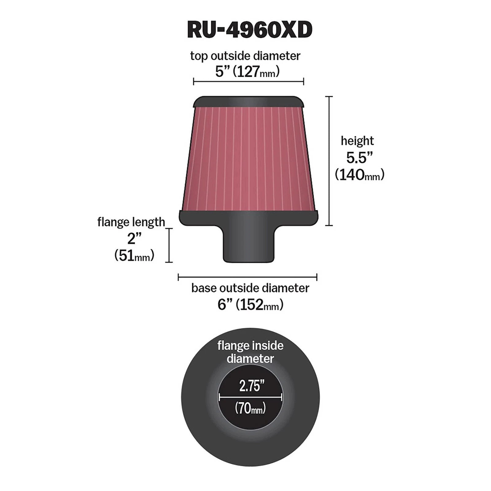 K&N RU-4960XD Universal Round Tapered PerformanceWashable Air Filter for Intake