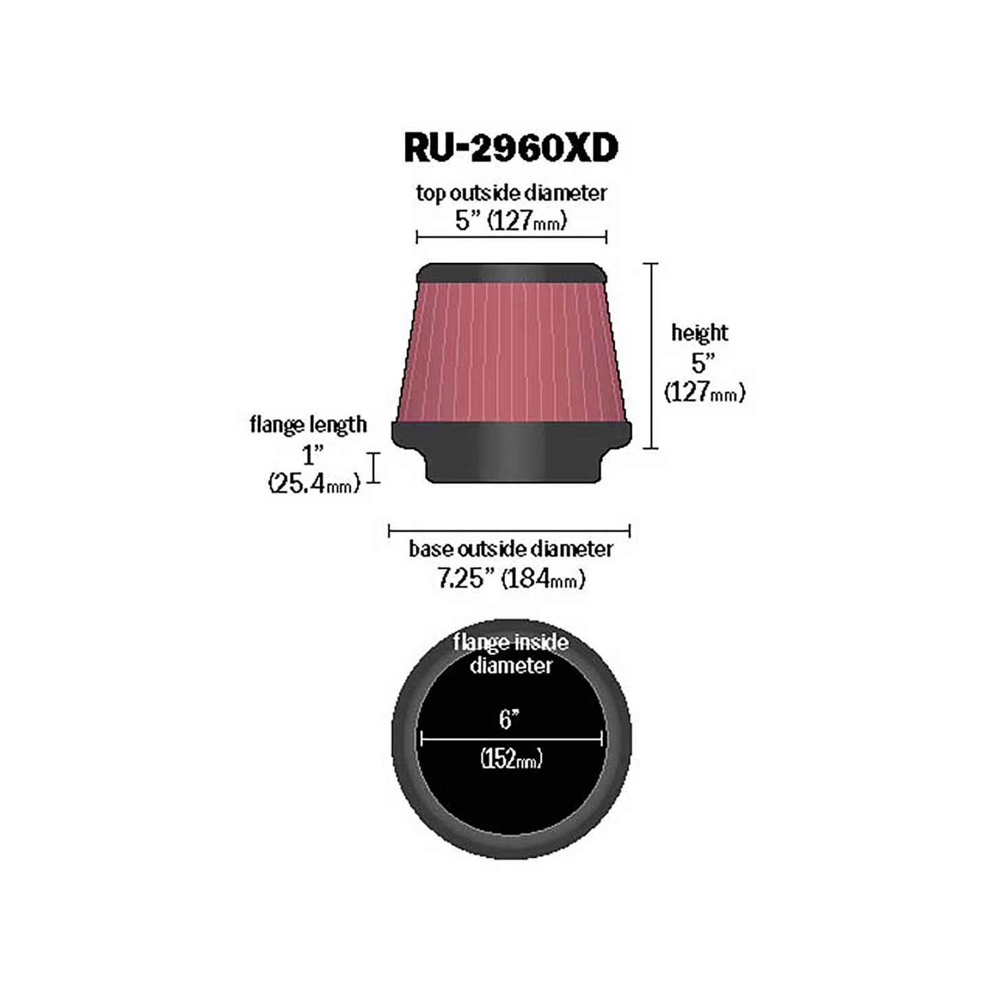 K&N RU-2960XD Universal Round Tapered Performance Washable Air Filter for Intake