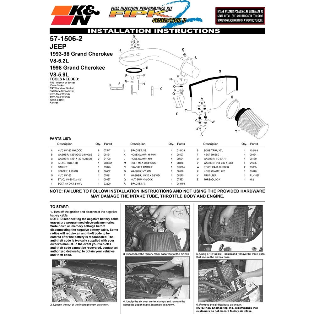 K&N 57-1506-2 Performance Cold Air Intake for 93-98 Jeep Grand Cherokee 5.2L V8