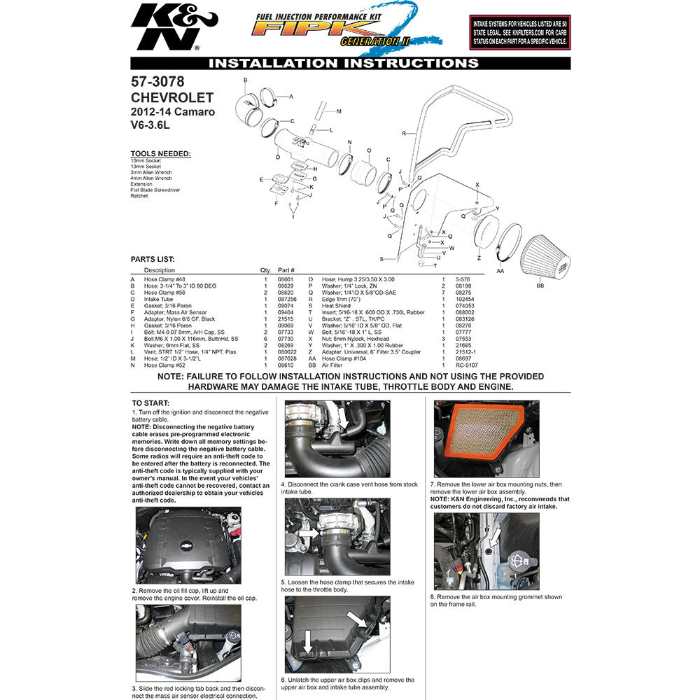 K&N FIPK Air Intake System | 2012-2014 Chevrolet Camaro 3.6L (57-3078)