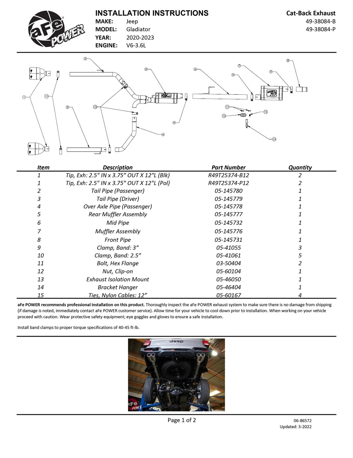aFe Vulcan 3-3in-2-1/2in SS Cat-Back w/ Black Tips | Jeep Gladiator V6-3.6L (49-38084-B)